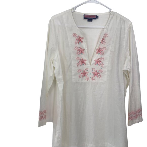 Vineyard Vines Women Ivory Embroidered Tunic Top-3/4 Sleeve SZ Large Soft Cotton - Picture 3 of 13